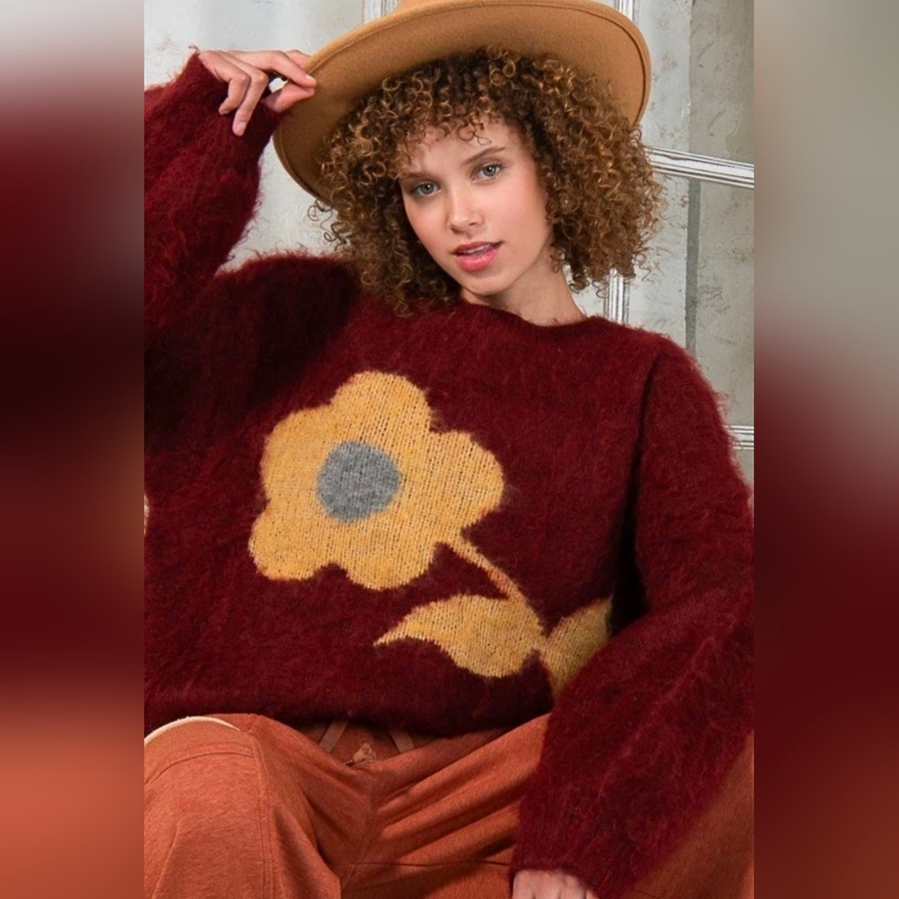 Pol Oversized Boho Flower Sweater Medium